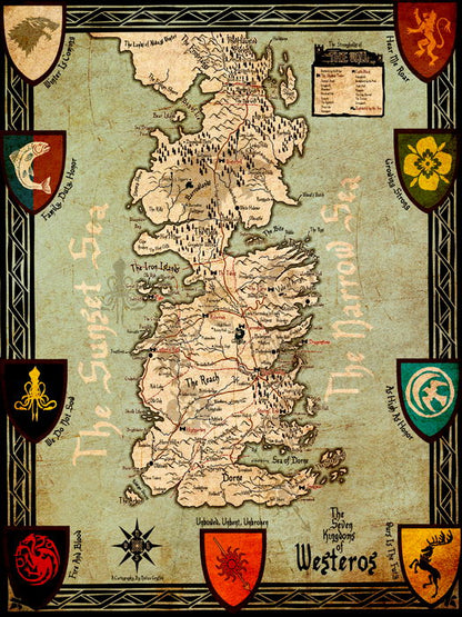 Seven Kingdoms of Westeros Map Game of Thrones Wall Art Print Poster