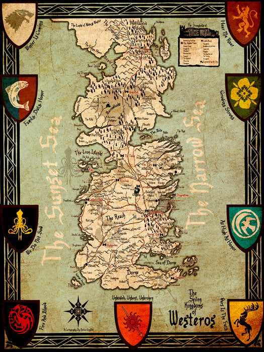 Seven Kingdoms of Westeros Map Game of Thrones Wall Art Print Poster