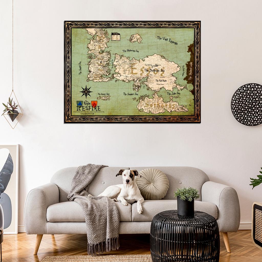 World Map Song of Ice and Fire Westeros Essos Game of Thrones Wall Art Print Poster