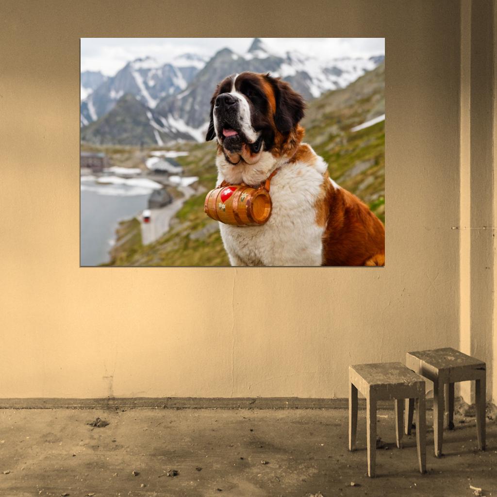 St. Bernard Dog Barrel Beautiful Landscape Wall Art Print Poster