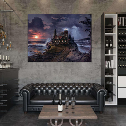 Lighthouse Cove Night Landscape Lightning Painting Art Wall Art Print Poster