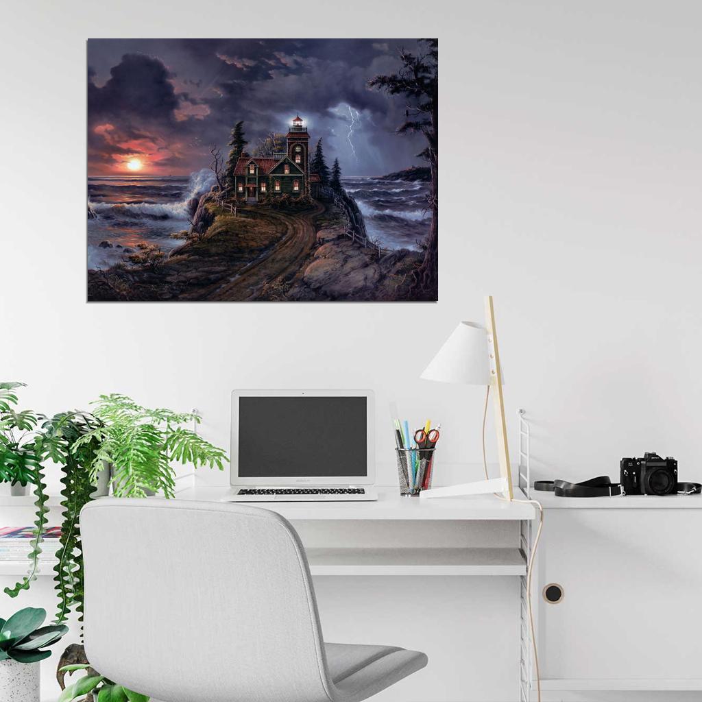 Lighthouse Cove Night Landscape Lightning Painting Art Wall Art Print Poster
