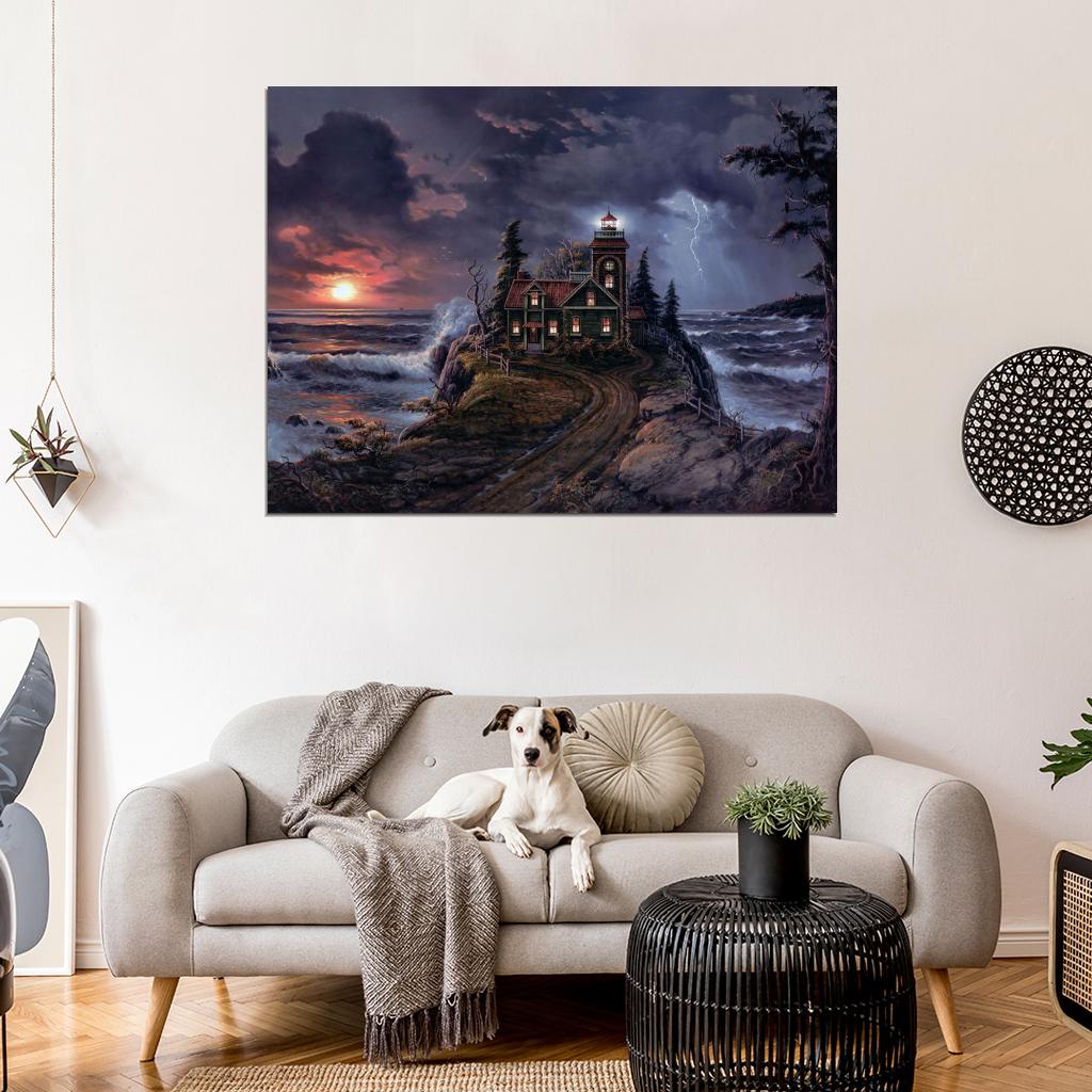Lighthouse Cove Night Landscape Lightning Painting Art Wall Art Print Poster