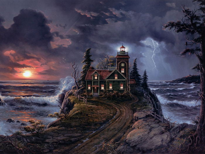 Lighthouse Cove Night Landscape Lightning Painting Art Wall Art Print Poster