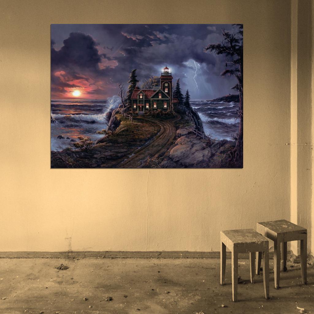 Lighthouse Cove Night Landscape Lightning Painting Art Wall Art Print Poster