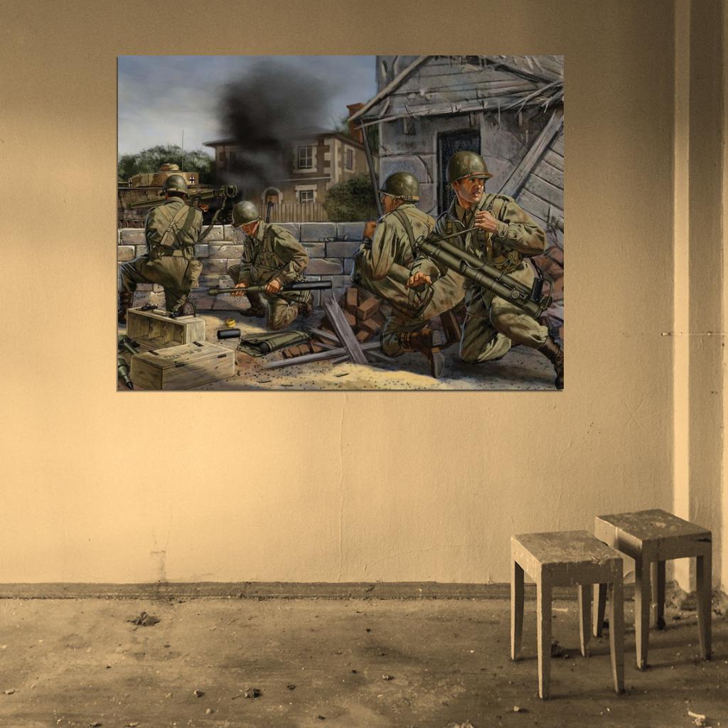 American Soldiers Bazooka Tank World War 2 WW2 Military Painting Art Wall Art Print Poster