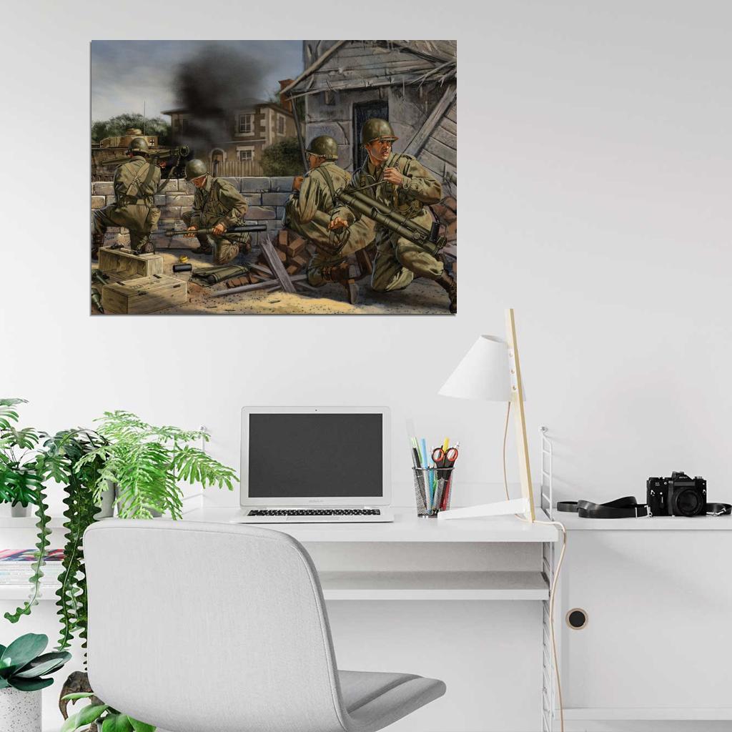American Soldiers Bazooka Tank World War 2 WW2 Military Painting Art Wall Art Print Poster