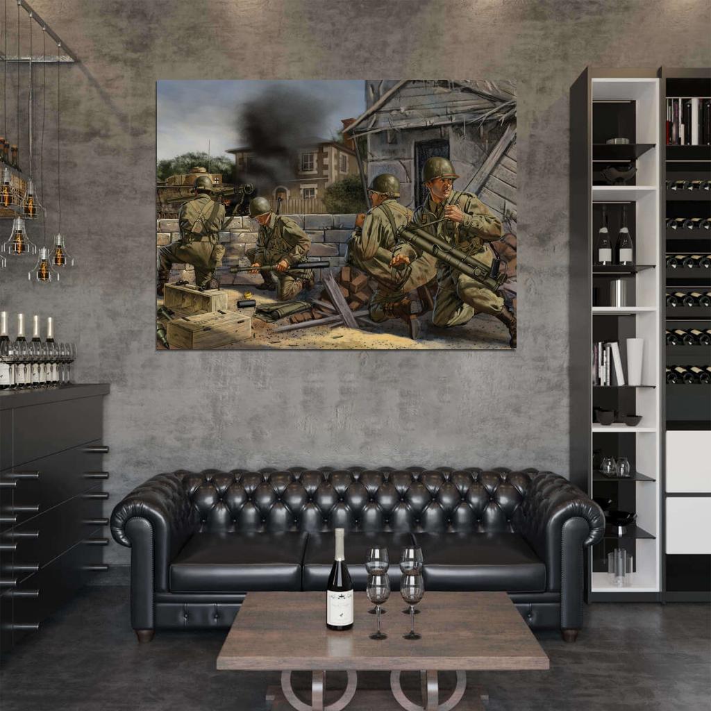 American Soldiers Bazooka Tank World War 2 WW2 Military Painting Art Wall Art Print Poster