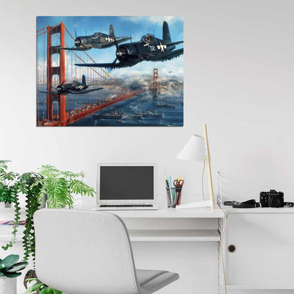 Chance Vought F4U Corsair USA Aircraft Golden Gate Bridge World War 2 WW2 Military Painting Art Wall Art Print Poster