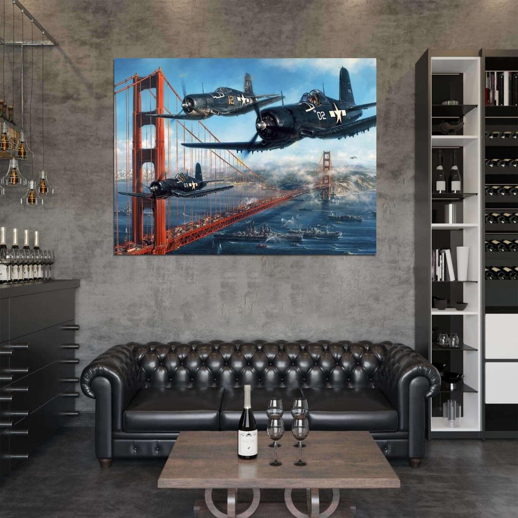 Chance Vought F4U Corsair USA Aircraft Golden Gate Bridge World War 2 WW2 Military Painting Art Wall Art Print Poster