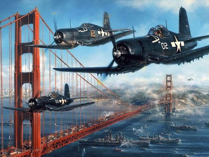 Chance Vought F4U Corsair USA Aircraft Golden Gate Bridge World War 2 WW2 Military Painting Art Wall Art Print Poster
