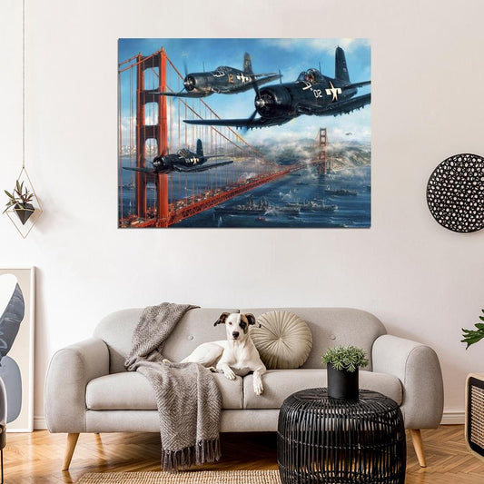 Chance Vought F4U Corsair USA Aircraft Golden Gate Bridge World War 2 WW2 Military Painting Art Wall Art Print Poster