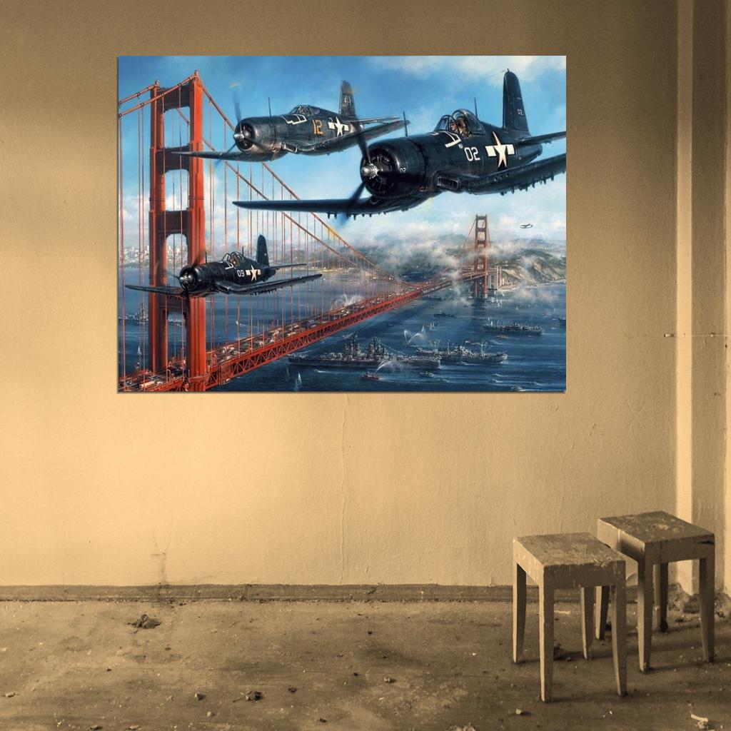 Chance Vought F4U Corsair USA Aircraft Golden Gate Bridge World War 2 WW2 Military Painting Art Wall Art Print Poster