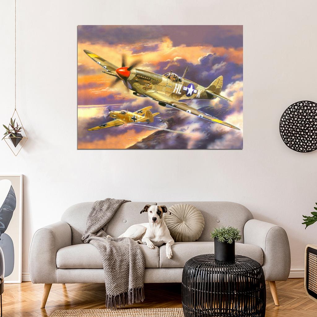 Hawker Hurricanet Aircraft Dogfight World War 2 WW2 Military Painting Art Wall Art Print Poster