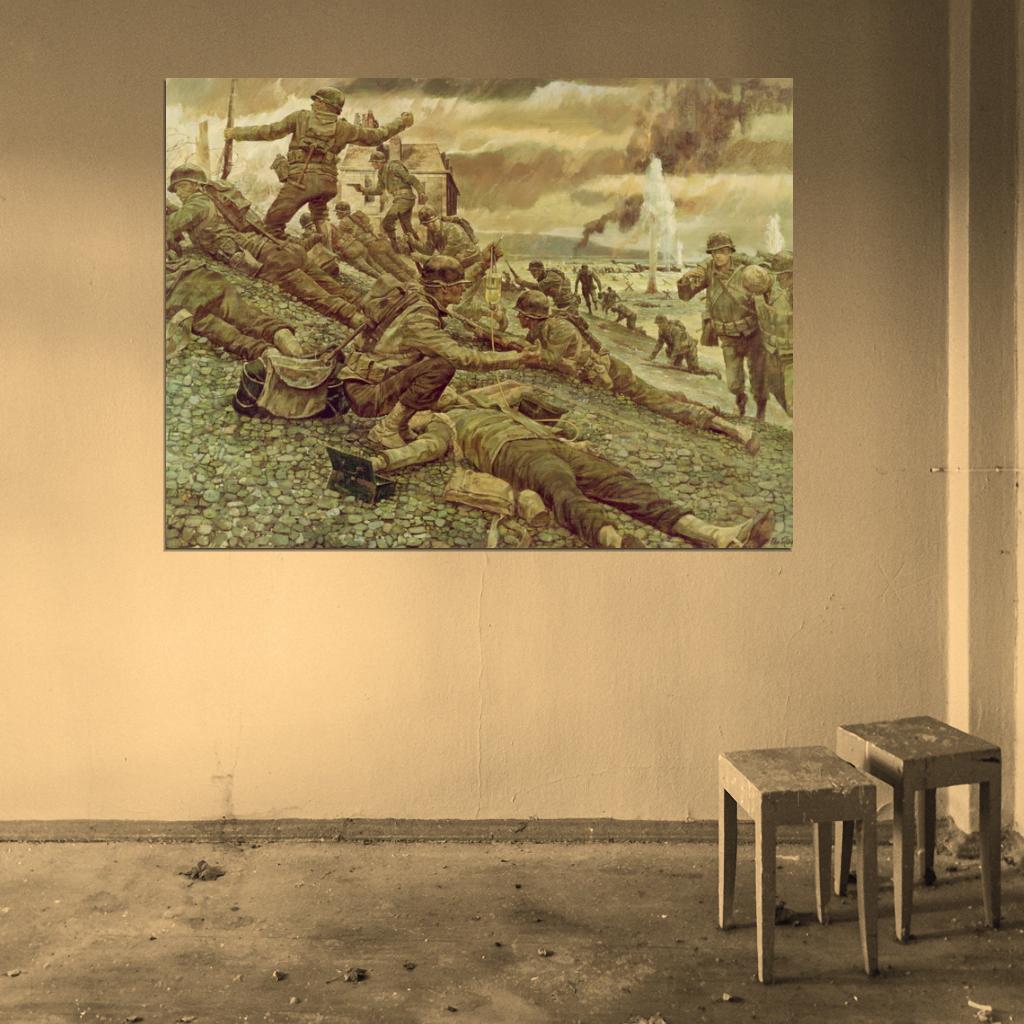 Invasion of Normandy D-Day Battle Soldiers World War 2 WW2 Painting Art Wall Art Print Poster