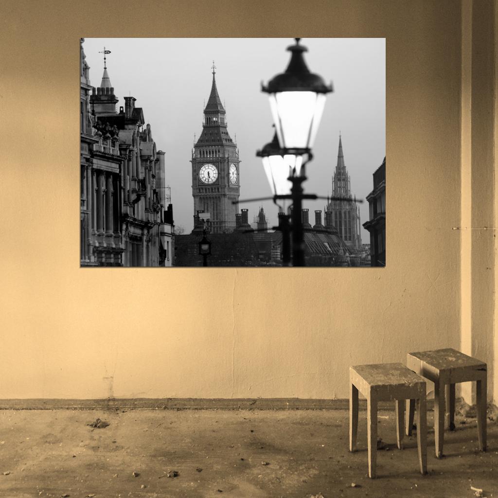 Big Ben London Lantern England Great Britain BW Wall Art Print Poster