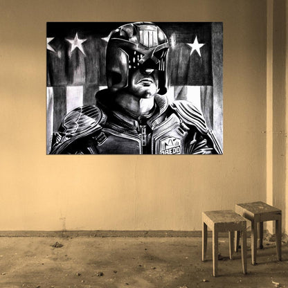 Dredd Portrait Art Drawing Flag Karl Urban 2012 Movie Wall Art Print Poster