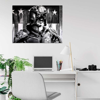 Dredd Portrait Art Drawing Flag Karl Urban 2012 Movie Wall Art Print Poster