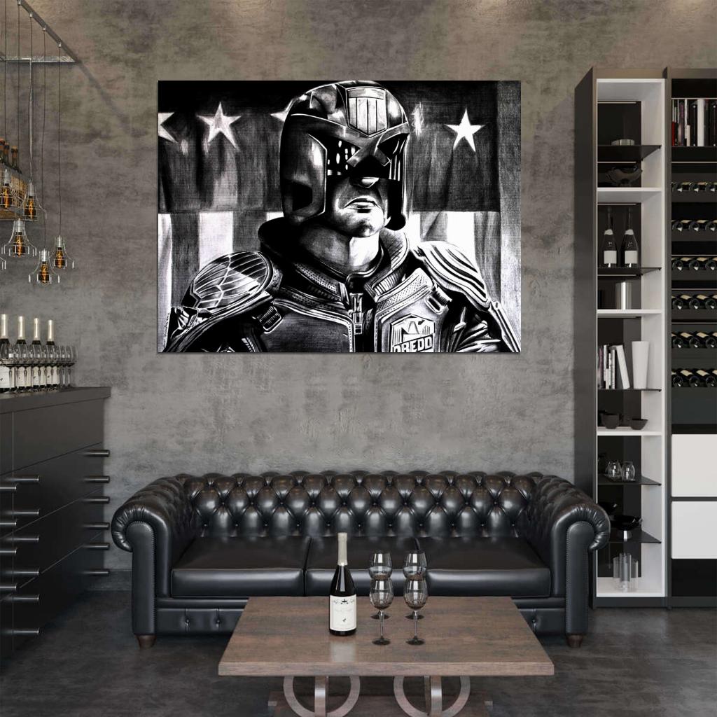Dredd Portrait Art Drawing Flag Karl Urban 2012 Movie Wall Art Print Poster