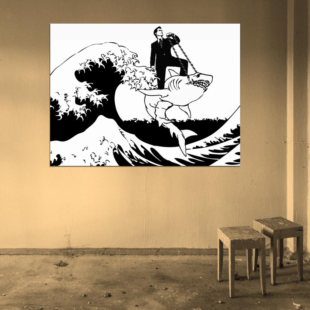 Banksy Great Wave off Kanagawa Shark Cool Graffiti Street Art Wall Art Print Poster