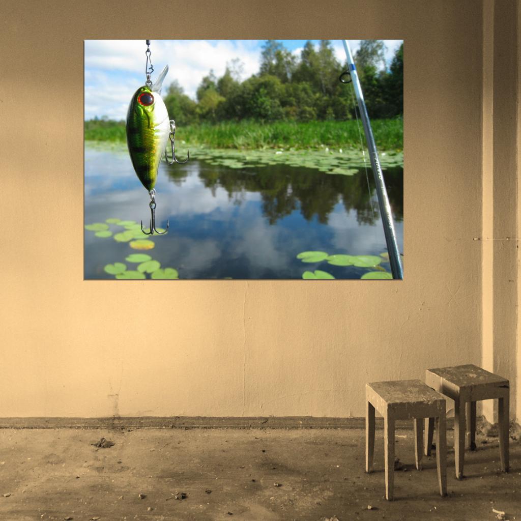 Fishing Rod Lure Pole Bait Lake Hook Nature Wall Art Print Poster