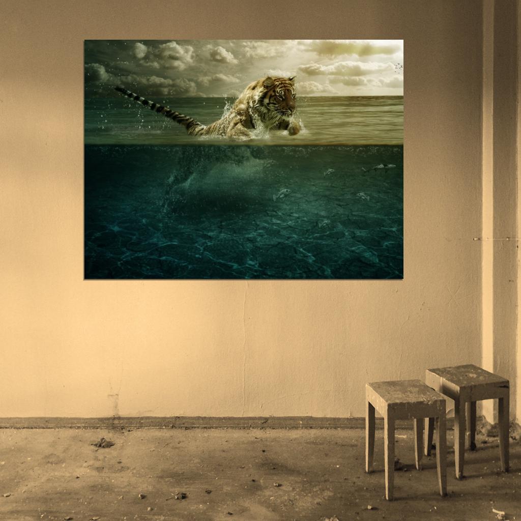 Fishing Tiger Wild Cat Animal Nature Wall Art Print Poster