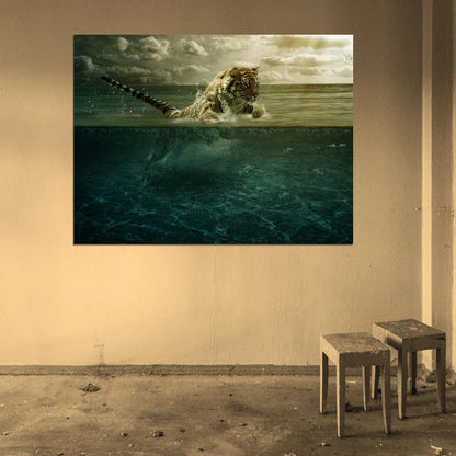 Fishing Tiger Wild Cat Animal Nature Wall Art Print Poster