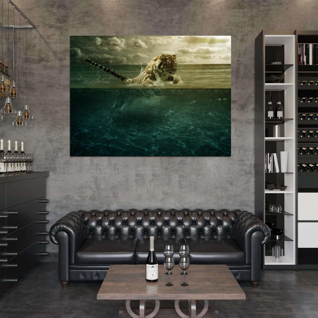 Fishing Tiger Wild Cat Animal Nature Wall Art Print Poster