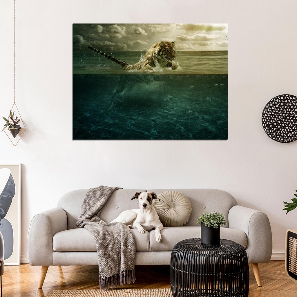 Fishing Tiger Wild Cat Animal Nature Wall Art Print Poster