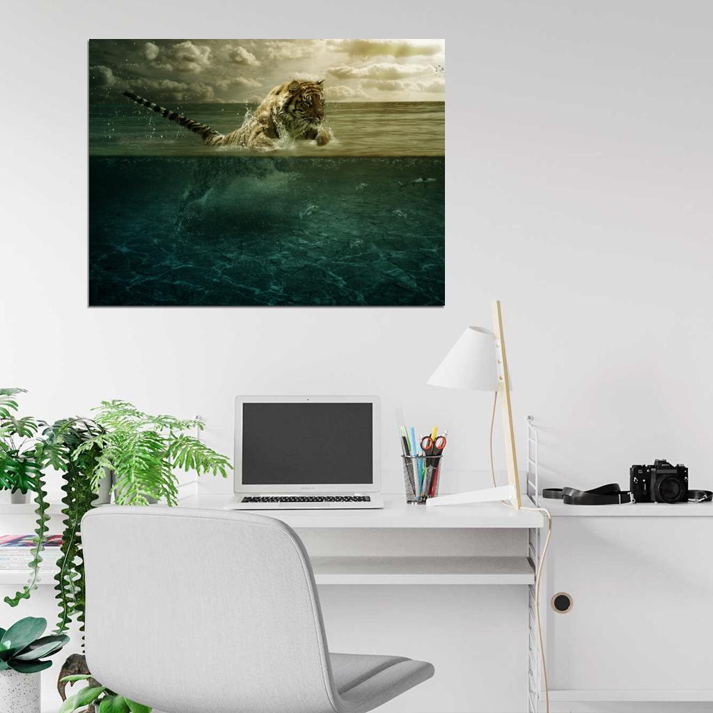 Fishing Tiger Wild Cat Animal Nature Wall Art Print Poster