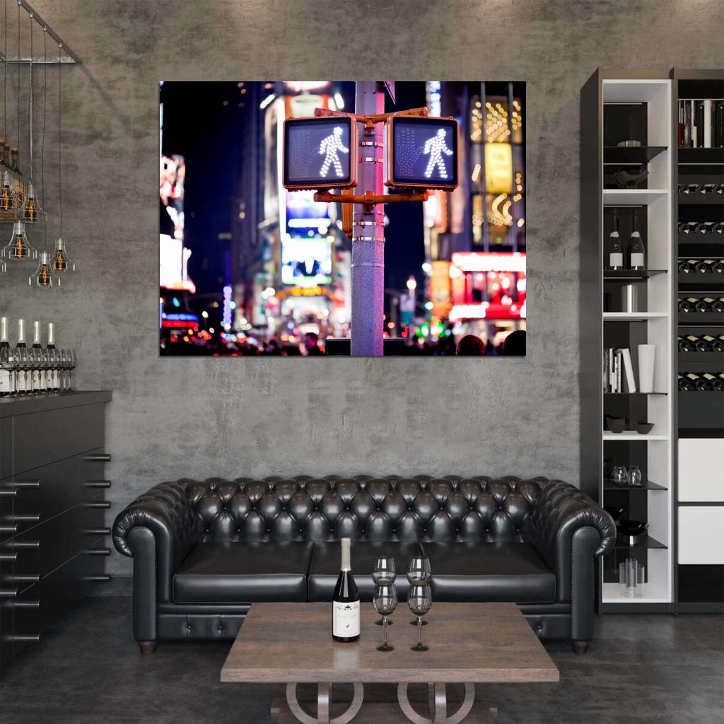 Manhattan New York City Street Pedestrian Traffic Lights Night Beautiful Wall Art Print Poster