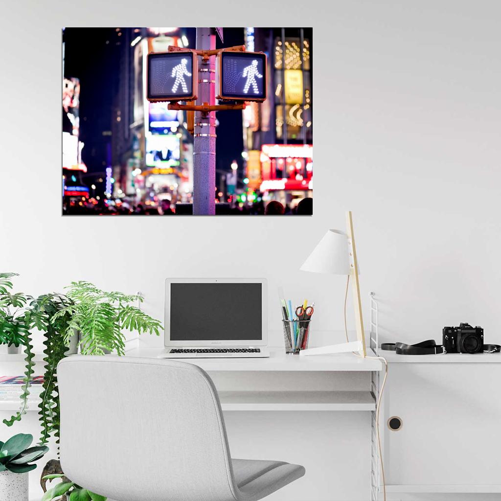 Manhattan New York City Street Pedestrian Traffic Lights Night Beautiful Wall Art Print Poster