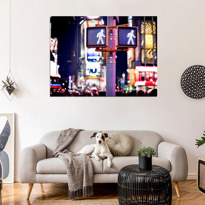 Manhattan New York City Street Pedestrian Traffic Lights Night Beautiful Wall Art Print Poster