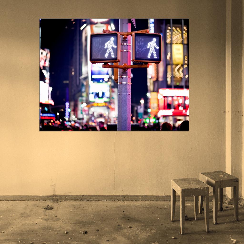 Manhattan New York City Street Pedestrian Traffic Lights Night Beautiful Wall Art Print Poster