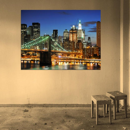 Brooklyn Bridge Manhattan New York City Beautiful Night Wall Art Print Poster