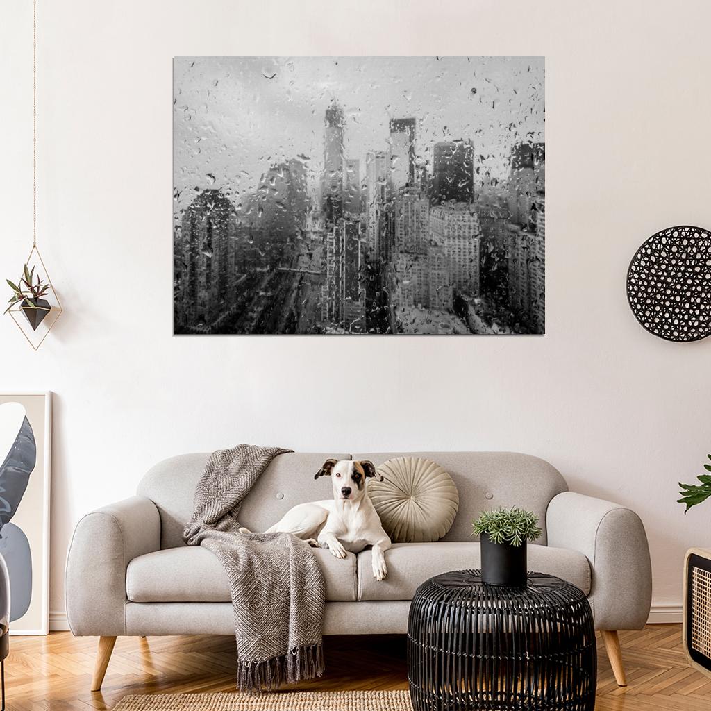 Amazing Raindrops Window New York City Beautiful Rain BW Wall Art Print Poster