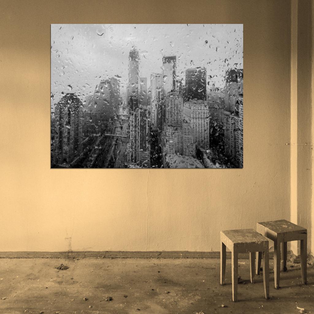 Amazing Raindrops Window New York City Beautiful Rain BW Wall Art Print Poster