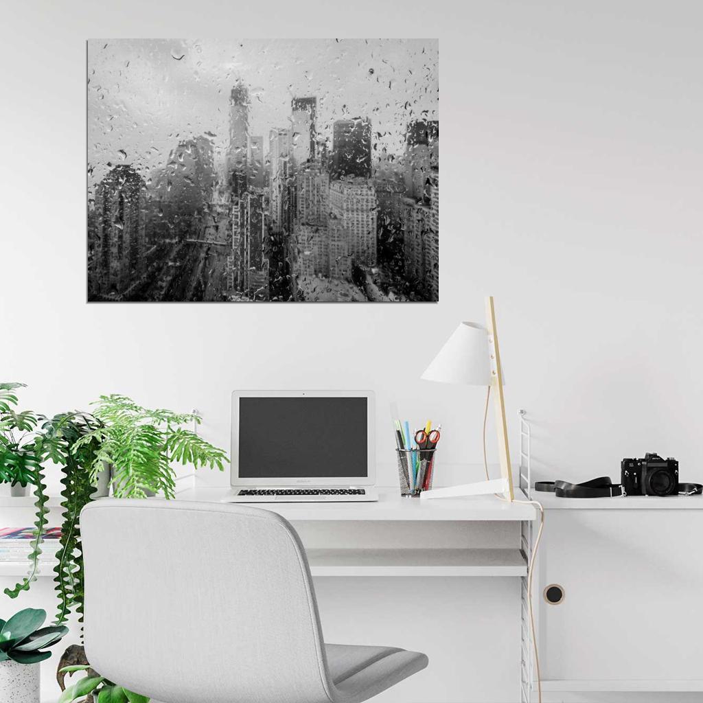 Amazing Raindrops Window New York City Beautiful Rain BW Wall Art Print Poster