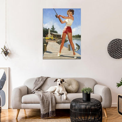 Hot Pin-Up Girl Fishing Painting Art Wall Art Print Poster