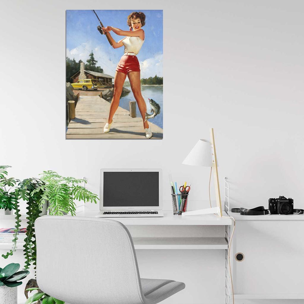 Hot Pin-Up Girl Fishing Painting Art Wall Art Print Poster