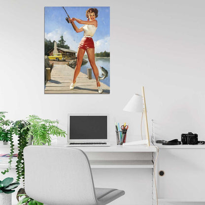 Hot Pin-Up Girl Fishing Painting Art Wall Art Print Poster