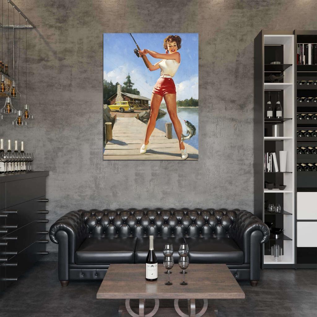 Hot Pin-Up Girl Fishing Painting Art Wall Art Print Poster