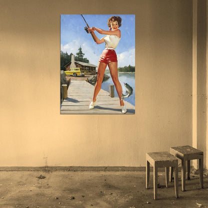 Hot Pin-Up Girl Fishing Painting Art Wall Art Print Poster