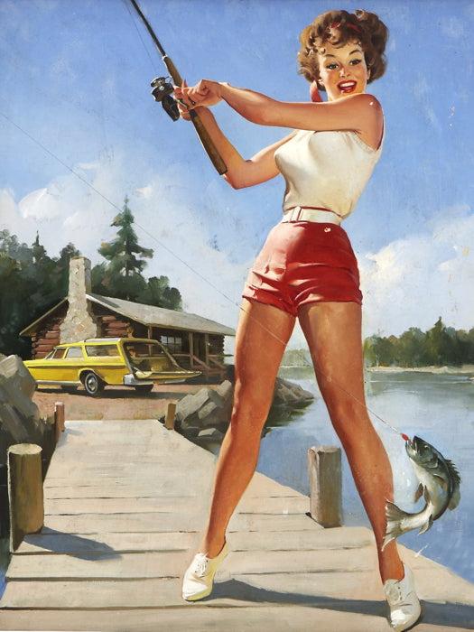Hot Pin-Up Girl Fishing Painting Art Wall Art Print Poster