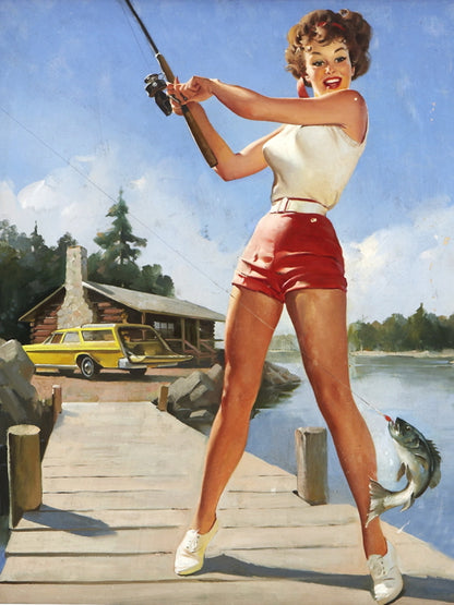 Hot Pin-Up Girl Fishing Painting Art Wall Art Print Poster
