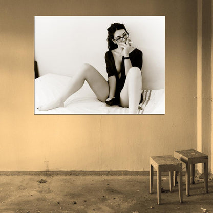 Hot Smoking Girl Lily Model Sexy Glasses BW Nude Naked Wall Art Print Poster