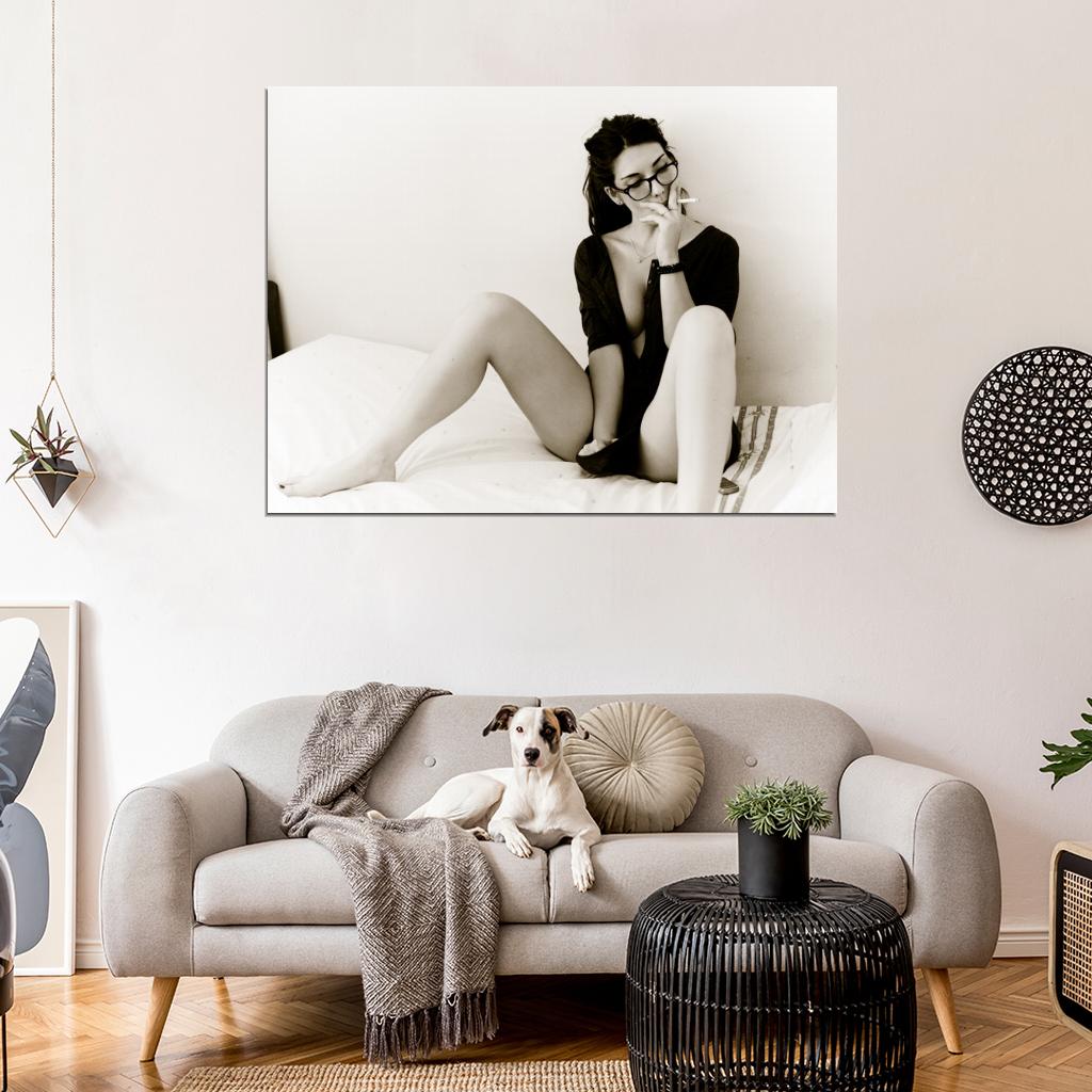 Hot Smoking Girl Lily Model Sexy Glasses BW Nude Naked Wall Art Print Poster