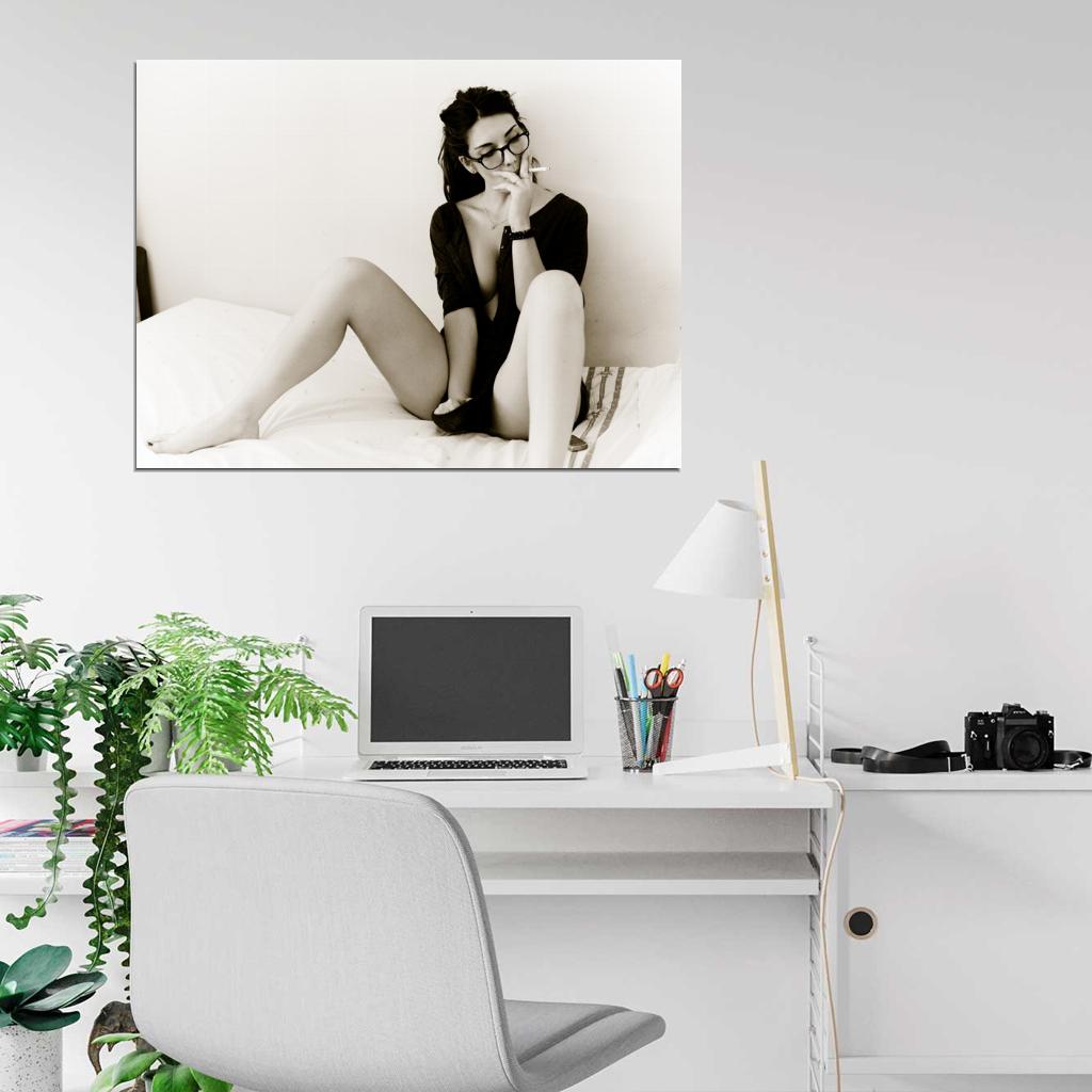 Hot Smoking Girl Lily Model Sexy Glasses BW Nude Naked Wall Art Print Poster