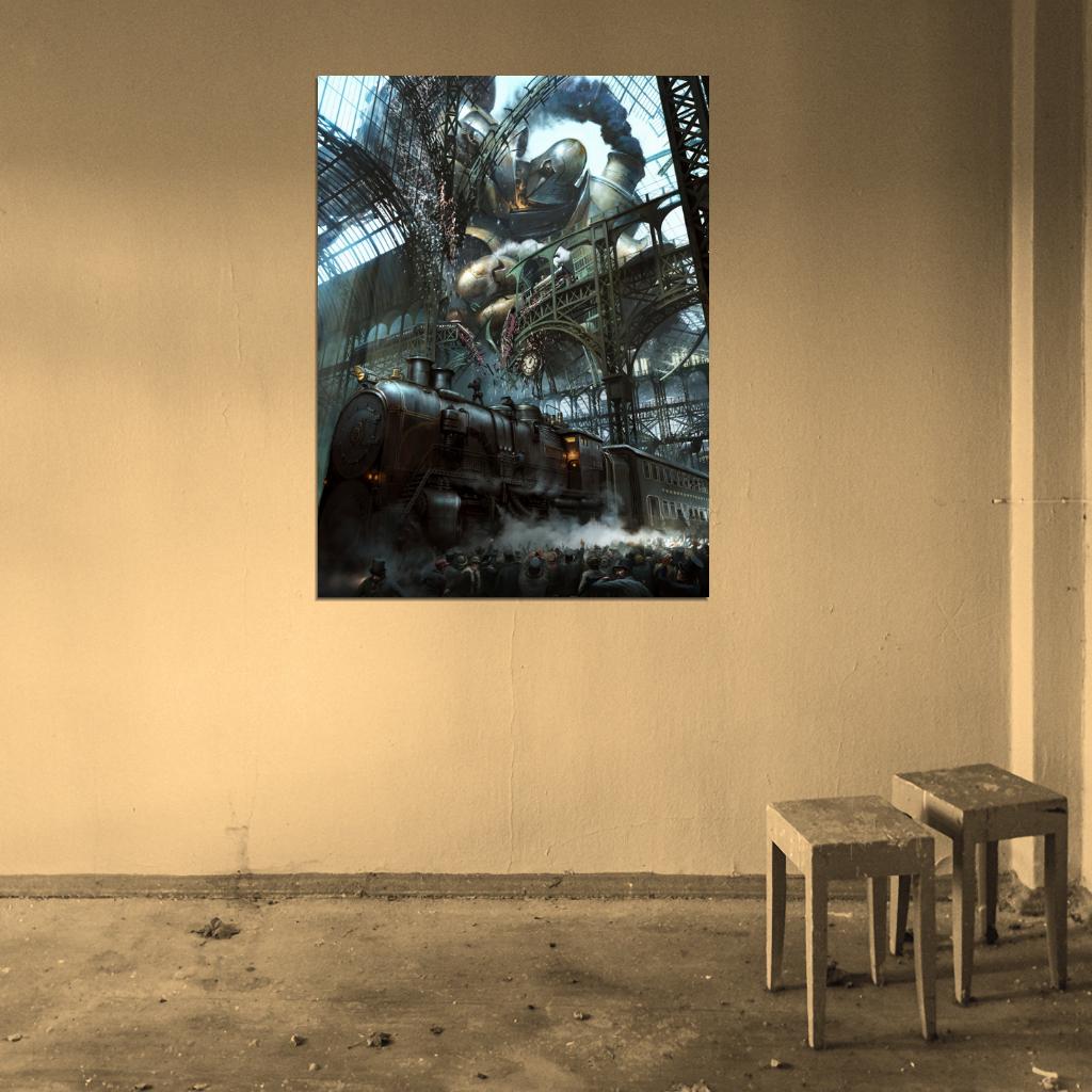 Steampunk Awesome Painting Fantasy Art Rail Road Train Giant Wall Art Print Poster