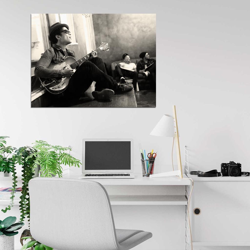 Bruno Mars Guitar R&B Pop Singer Music BW Art Wall Art Print Poster